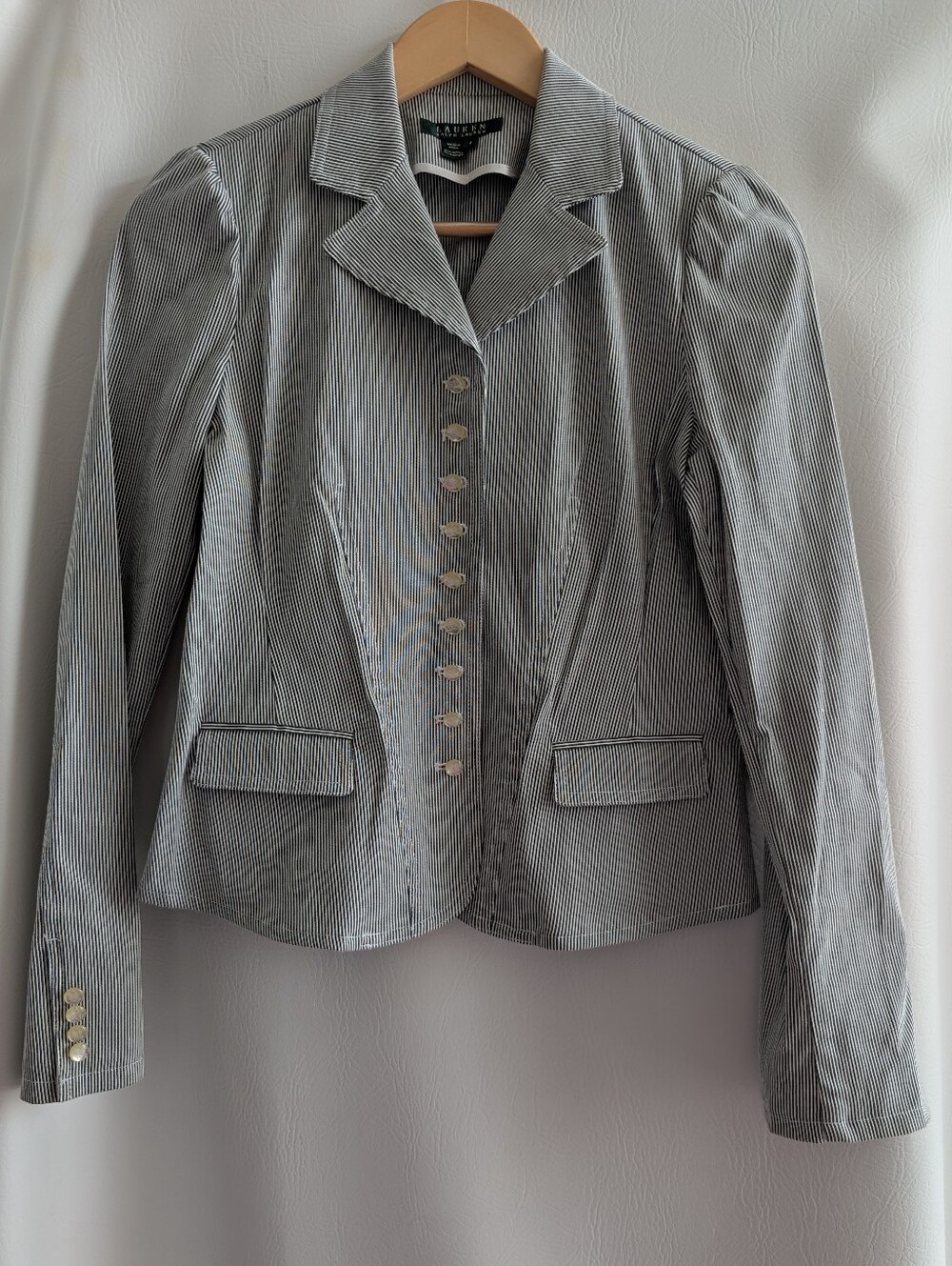 Ralph Lauren Cotton Gray White Pinstripe Tailored Women's Blazer - S